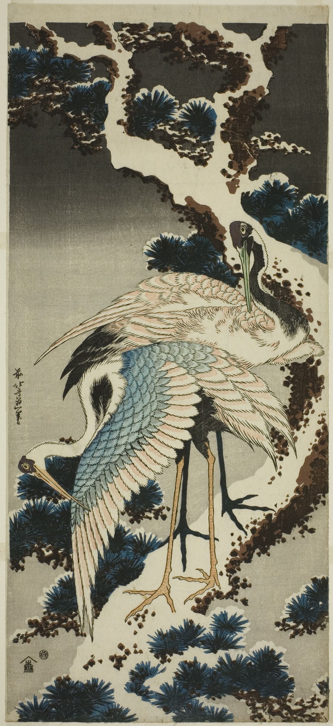Cranes on a Snow-covered Pine